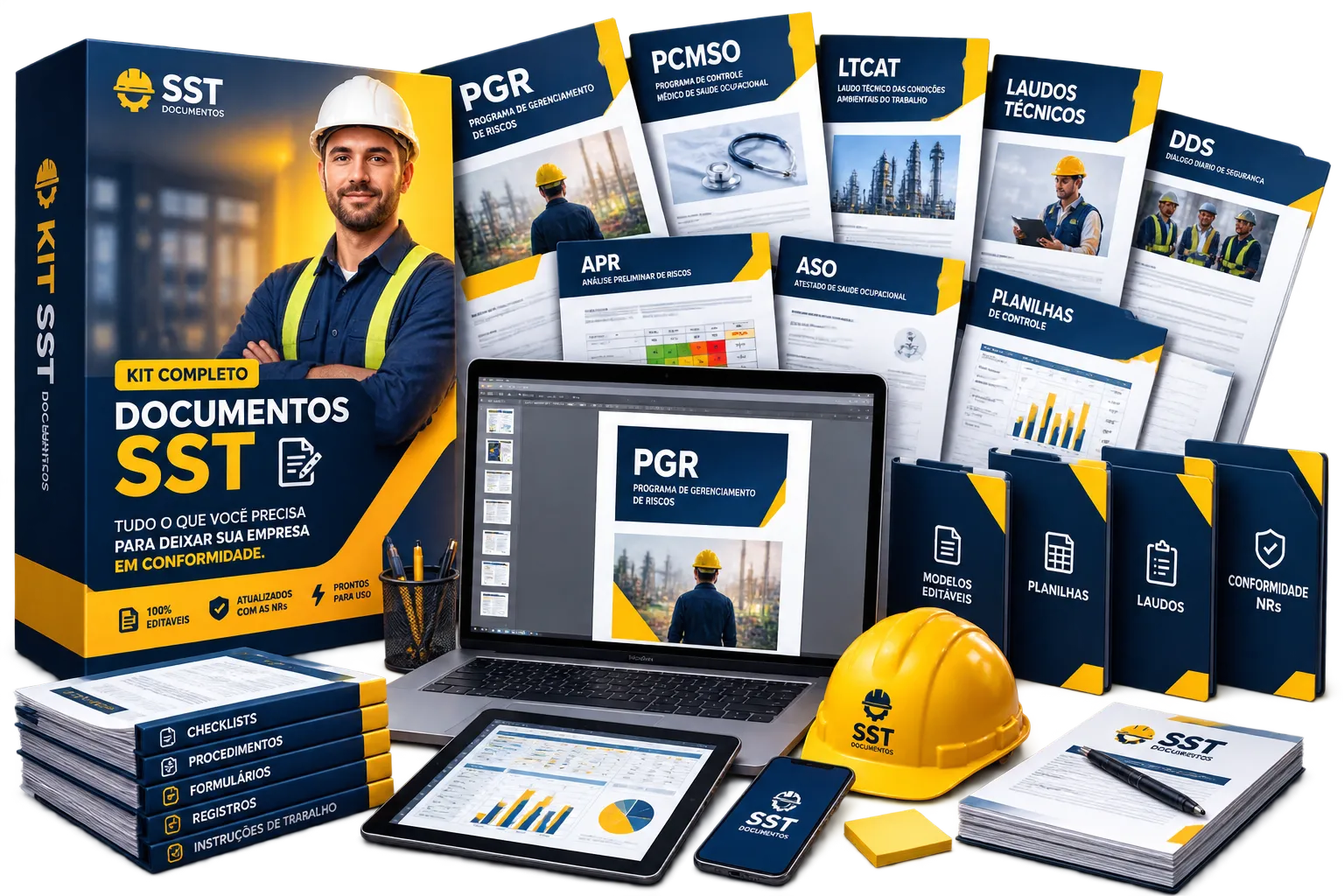 Mockup do Kit Segurança Express com os documentos de SST