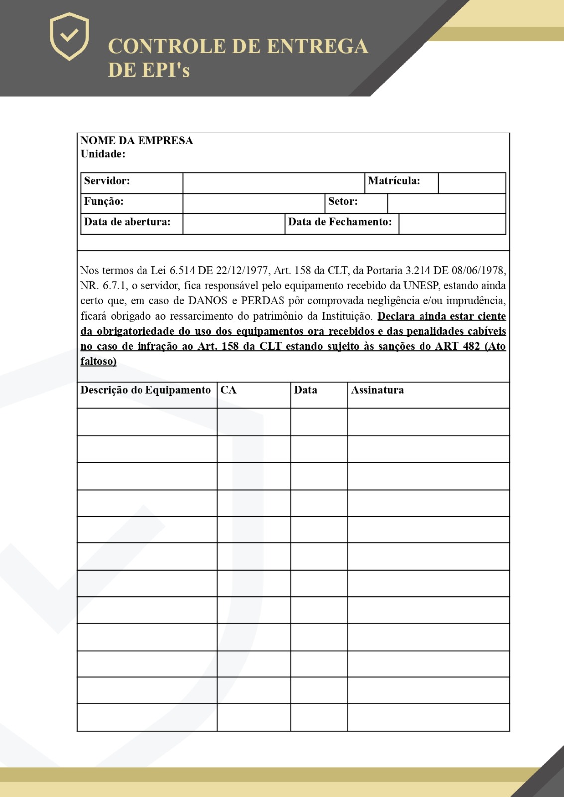 Ficha de Entrega de EPI página 1